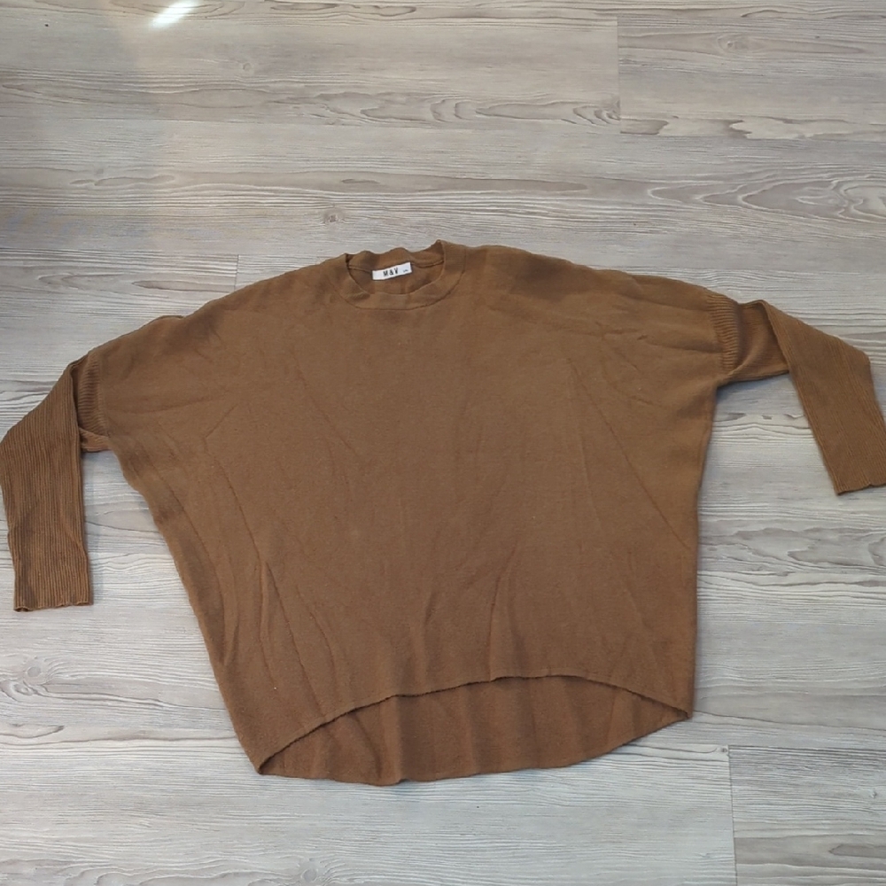 M&V L/XL Brown Oversized Sweater High Low Cozy Warm Sweater Neutral Thick